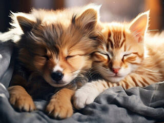 Obraz premium Cute kitten and a puppy lying next to each other. Friendship between pets