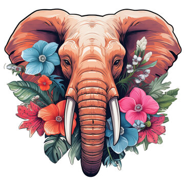 recommend clip art: Elephant head decoration with flower illustration isolated.