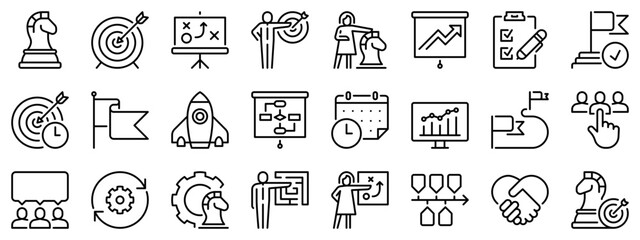 Icon set about action plan. Line icons on transparent background with editable stroke.