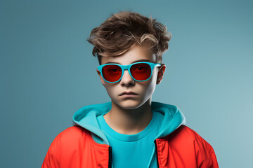 Colorful studio portrait of a cool teenager boy with age specific outfit and accessories. Bold, vibrant and minimalist. Generative AI