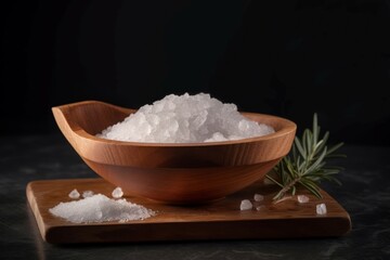 Obraz na płótnie Canvas Salt wooden bowl on bath rock. Condiment salts beauty care raw. Generate Ai
