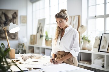 Happy fashion designer writing ideas for her small business in a note book