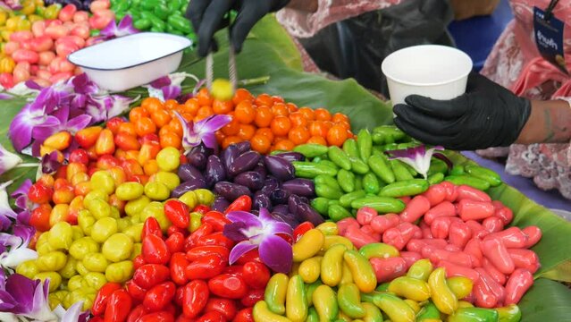 Fruit-shaped mung bean paste dessert of traditional Thai dessert (Kanom Luk Chup)