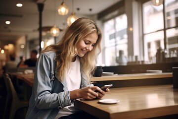 Happy female student sitting in a coffee shop, using a smartphone