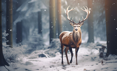 Reindeer with beautiful antler walking on a dirt path through a pine forest in winter season with tall trees and white snow