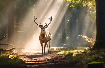 Reindeer with beautiful antler walking on a dirt path through a pine forest with tall trees and rays of sunlight