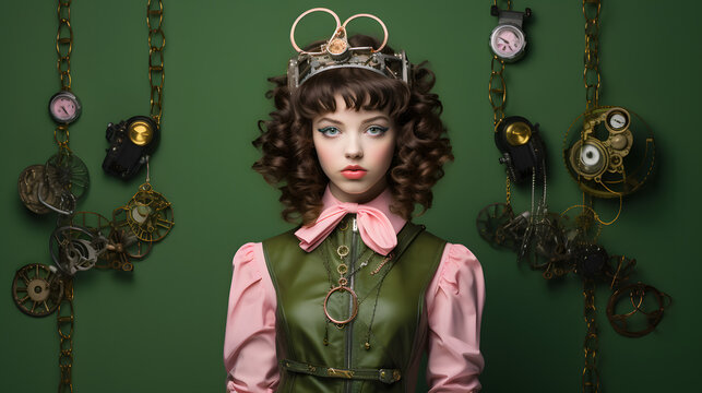 Colorful studio portrait of a teenager girl with steampunk outfit and accessories. Bold, vibrant and minimalist. Generative AI - Powered by Adobe