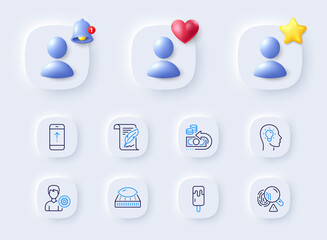 Fingerprint, Swipe up and Idea head line icons. Placeholder with 3d bell, star, heart. Pack of Support, Mattress, Cash back icon. Feather, Ice cream pictogram. For web app, printing. Vector