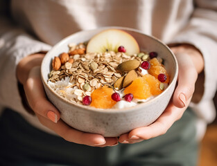 Female hands holding cup with yogurt with nuts and seeds. Homemade vanilla yogurt in girl's hands. Breakfast, snack. Healthy eating.