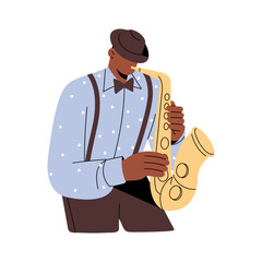 Jazz man in suit play on wind music instrument. Musician in hat performs on saxophone. Saxophonist holds golden sax in hand, blowing. Blues performance. Flat isolated vector illustration on white