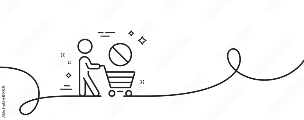 Poster stop shopping line icon. continuous one line with curl. no panic buying sign. man with shopping cart