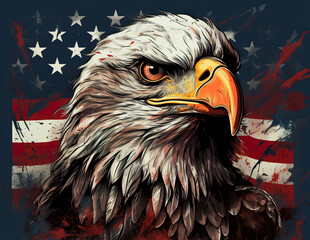 illustration of a proud eagle head in front of the American flag on transparent background, patriotic concept
