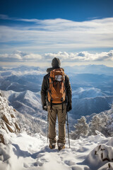 Back view of alone traveler with backpack standing over snow-covered mountain peaks. Winter travel scene.