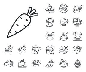Vegetable food sign. Crepe, sweet popcorn and salad outline icons. Carrot line icon. Diet nutrition symbol. Carrot line sign. Pasta spaghetti, fresh juice icon. Supply chain. Vector