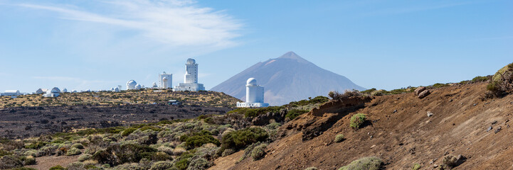 Panoramic image. Landscape with Izana astronomical observatory and Teide Volcano in Tenerife. Canary Islands, Spain