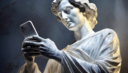 Closeup of an ancient Greek or Roman female marble statue using a smartphone, bottom view on a dark background. - obrazy, fototapety, plakaty