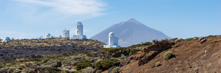 Panoramic image. Landscape with Izana astronomical observatory and Teide Volcano in Tenerife....