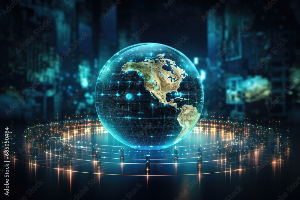 Poster globe with map of the world, glowing lines on technological background. 3d rendering, data transfer 