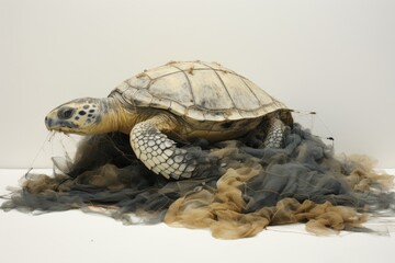 Obraz premium tortoise in the studio,isolated on a white background, Dead turtle in fishing nets, AI Generated