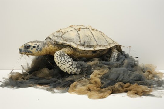 tortoise in the studio,isolated on a white background, Dead turtle in fishing nets, AI Generated