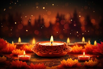 Beautiful diwali diya and burning candles on colorful background, Diwali festival of lights background, AI Generated - obrazy, fototapety, plakaty