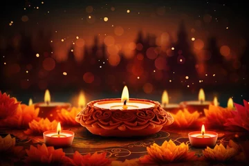 Tuinposter Beautiful diwali diya and burning candles on colorful background, Diwali festival of lights background, AI Generated © Ifti Digital