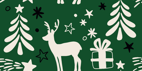 Seamless pattern of decorative Christmas reindeer and star. Hand drawn holiday symbol, deer silhouette. Happy New Year vector sketch illustration for greeting card, wallpaper, wrapping paper, fabric