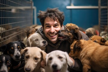 Portrait of a man holding a group of dogs in a shelter, Dog at the shelter, Animal shelter volunteer takes care of dogs, AI Generated - Powered by Adobe