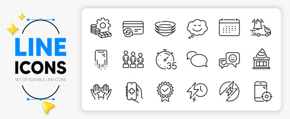 Ranking, Smile and Change card line icons set for app include Money, Delivery notification, Electric energy outline thin icon. Calendar, Smartphone recovery, Health app pictogram icon. Vector