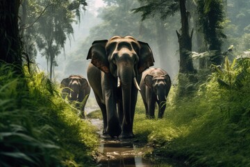 Elephants in the jungle of Borneo, Malaysia, Eco travel in the jungle with wild animals elephants,...