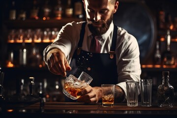 Bartender pouring whiskey into glass at bar counter in night club, Expert barman is making cocktails at the night club or bar, AI Generated - obrazy, fototapety, plakaty