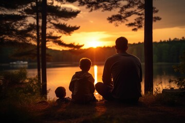 Silhouette of father and two sons sitting on the shore of the lake at sunset, Family dad and two...