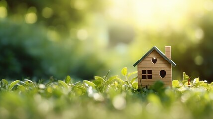 Eco friendly house on green nature bokeh background, Mini wooden house on green grass
