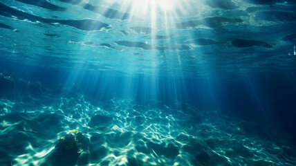 Beautiful blue ocean background with sunlight and undersea scene - obrazy, fototapety, plakaty
