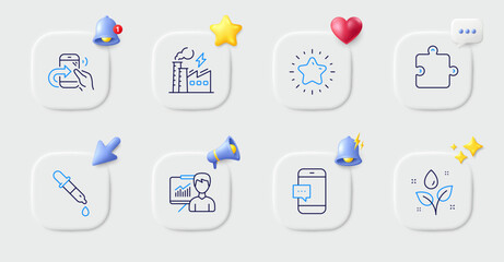 Smartphone message, Plants watering and Chemistry pipette line icons. Buttons with 3d bell, chat speech, cursor. Pack of Share call, Puzzle, Electricity factory icon. Vector