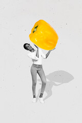 Photo minimal collage picture illustration of seasonal dieting young lady hold yellow ripe pepper...
