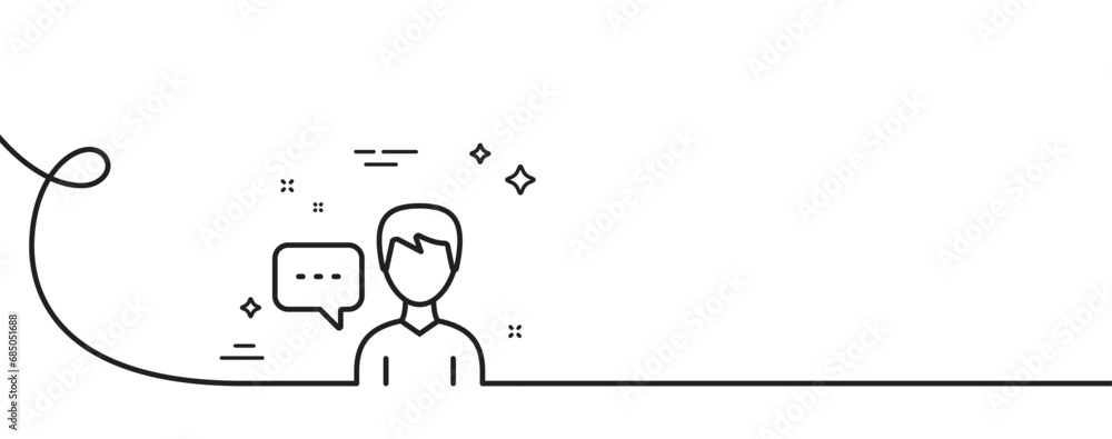 Poster user communication line icon. continuous one line with curl. male person with chat speech bubble sig