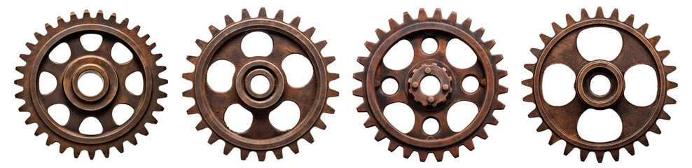 Set of rusty old cog wheels, cut out - obrazy, fototapety, plakaty