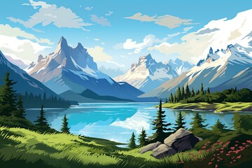 Serene Majesty: Chilean Patagonia's Lakes, Forests, and Snow-capped Mountains in Digital Illustration
