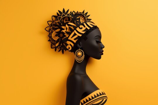 Black Woman Presenting Her Rich Culture. African American Woman Wears Traditional Attire on yellow Background, Woman in her National Costume in Paper Craft Style