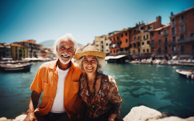 Fototapeta na wymiar A dynamic senior couple on a trip. They pose in front of a Mediterranean harbor, smiling at the camera. Generative ai