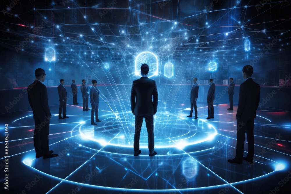 Poster back view of businesspeople standing in front of digital interface with binary code, futuristic busi