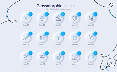 Set of Charging station, Update data and Qr code line icons for web app. Pencil, Puzzle, Power certificate icons. Idea, Disaster, Vaccination announcement signs. Digestion, Attached info. Vector