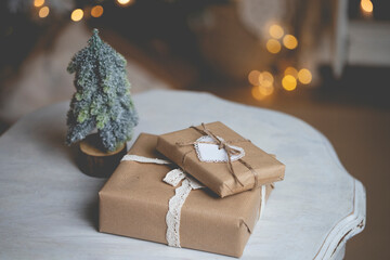 Eco christmas holiday concept, Christmas gift zero waste, hand made gifts in kraft paper