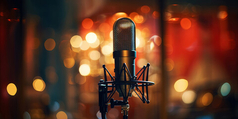 Closeup of professional microphone with dark bokeh light backdrop. Karaoke or concert concept....