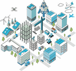 都市開発が進むまちの俯瞰イラスト（工事現場）