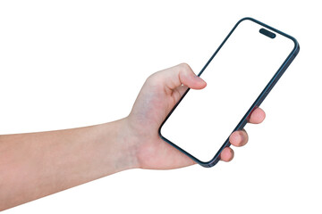 Hand showing smartphone with blank screen isolated on white background