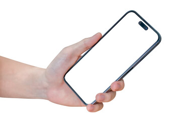 Hand showing smartphone with blank screen isolated on white background