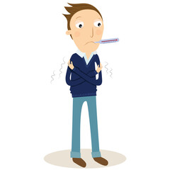 Man with flu. Having a cold with thermometer in his mouth. Vector Illustration.