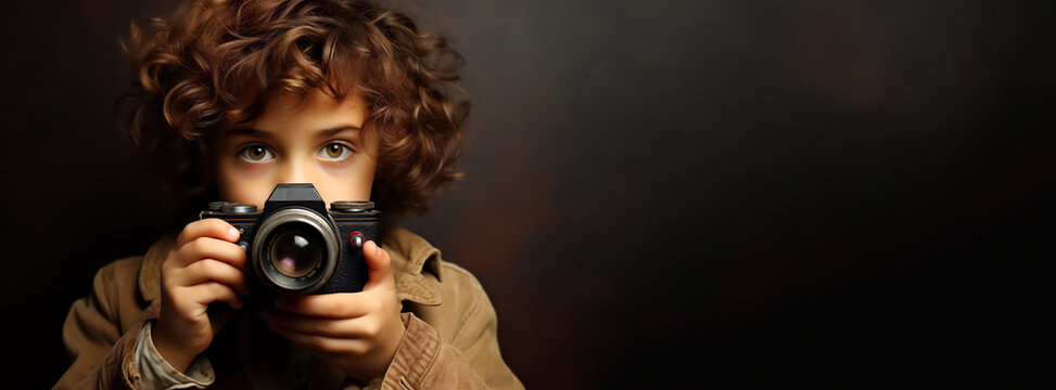 Portrait of a curly-haired child, young photographer with big eyes with a camera on a dark background. Retro advertising banner with copy space, panorama